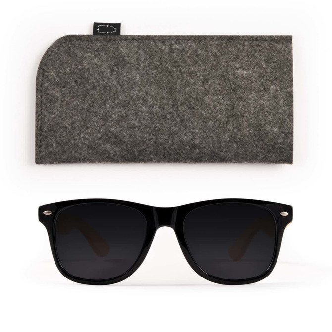A pair of black sunglasses with dark lenses, accompanied by a gray felt case.