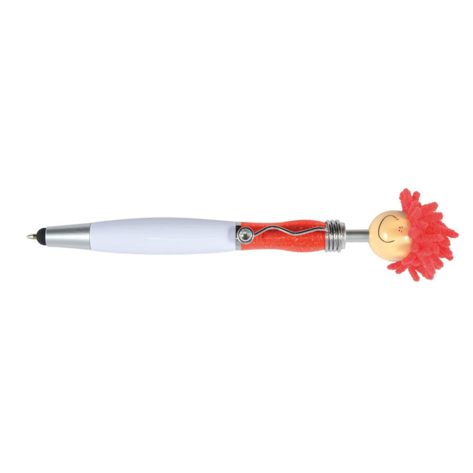 A red and white Mop Top Jazz pen/stylus featuring a fluffy top with a smiley face and a logo.
