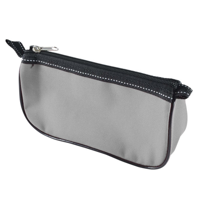 A pencil case with a sleek gray exterior and a black zipper.