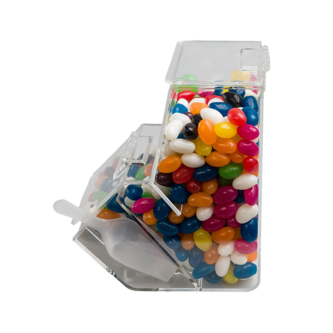 A dispenser filled with assorted color mini jelly beans, featuring vibrant shades of blue, pink, orange, and white.