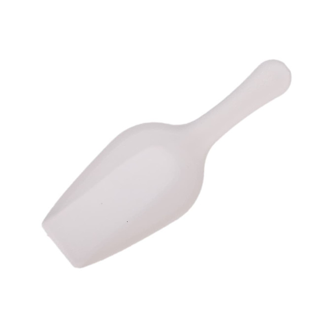 A white plastic scoop with a rounded handle, designed for dispensing small amounts of powder or granules.