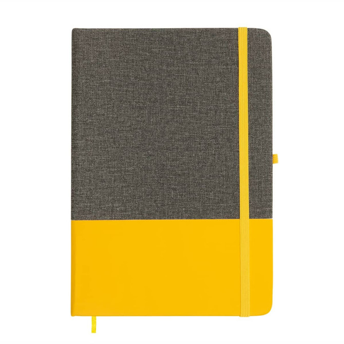 A grey and yellow A5 notebook with a flexible cover and an elastic closure, featuring a logo.