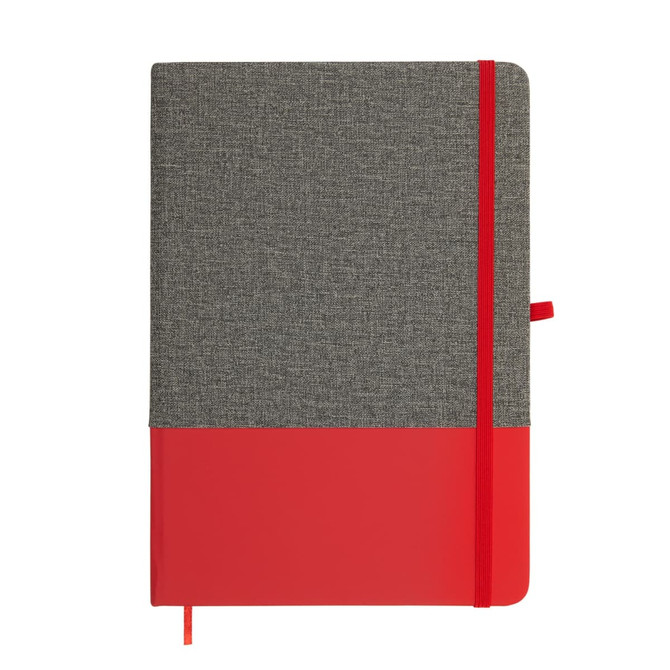 A Venture Bondi A5 Notebook featuring a grey textured cover with a bold red bottom half and matching elastic closure.