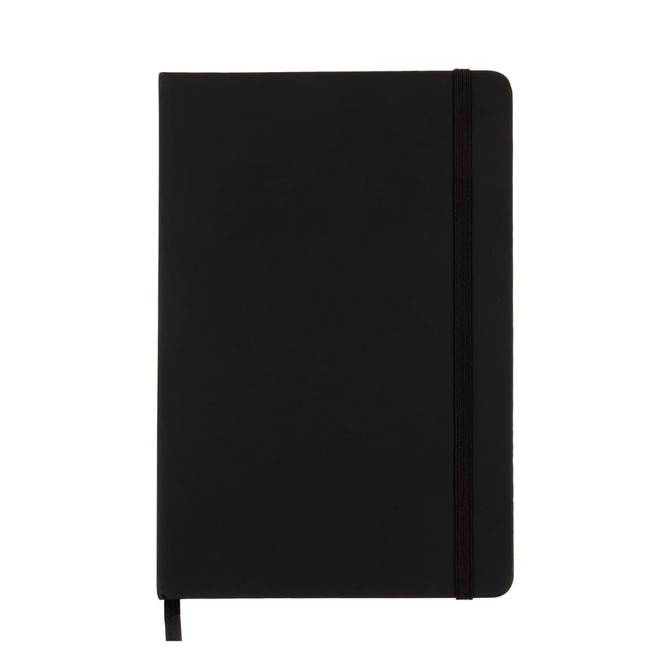 A Venture A5 Notebook featuring a sleek black cover with an elastic band closure and a ribbon bookmark.
