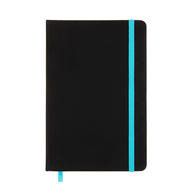 A black A5 notebook with a turquoise elastic band and ribbon bookmark. It features a logo on the cover.
