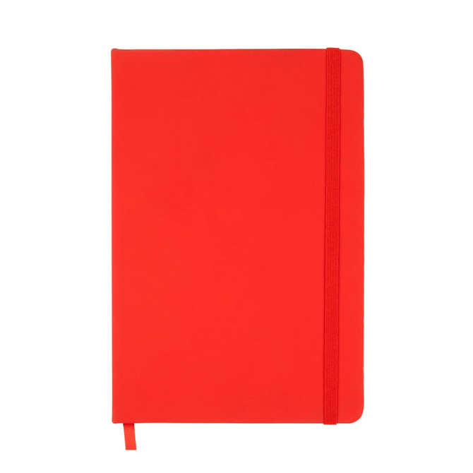 A red Venture A5 Notebook featuring a smooth cover and an elastic closure strap.