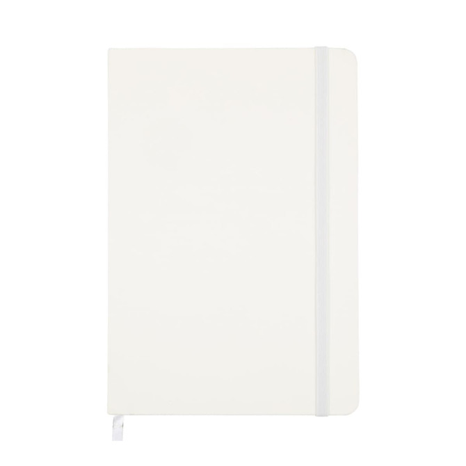 A Venture A5 Notebook with a clean, white cover and a coordinating elastic band closure.