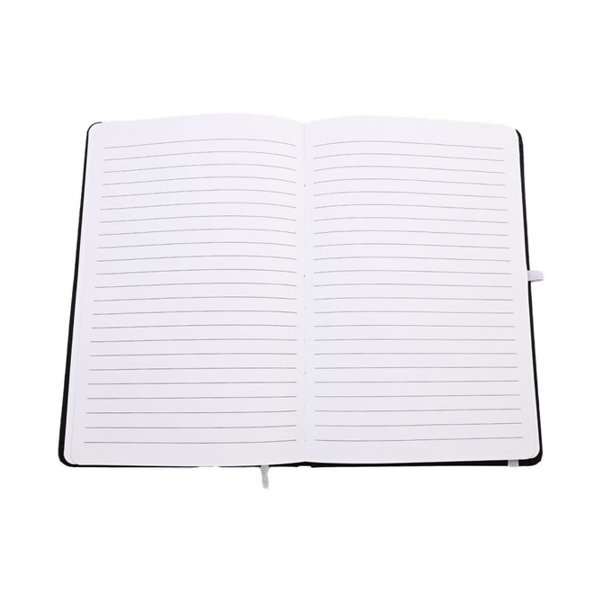 A notebook with lined pages, featuring a sleek design and an open layout for easy writing.