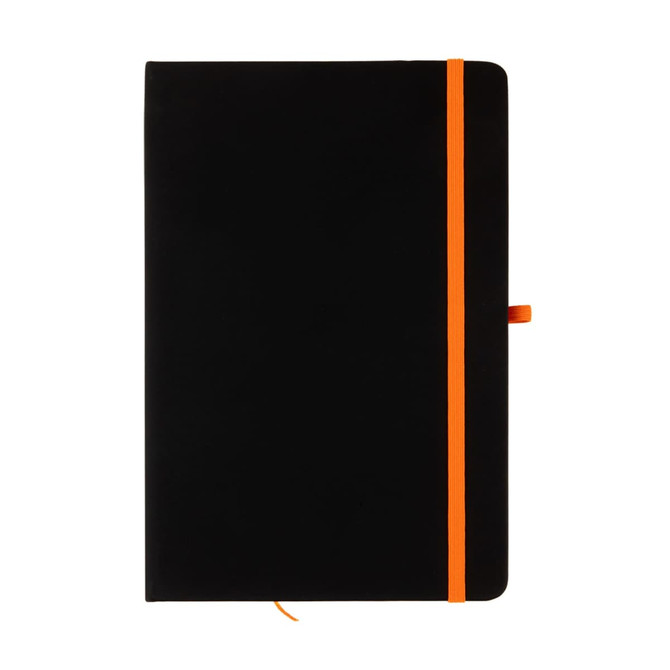 A black A5 notebook with an orange elastic band closure and bookmark.
