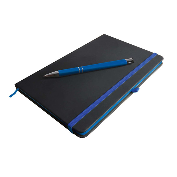 A notebook with a black cover and a blue elastic band, accompanied by a blue pen resting on top.