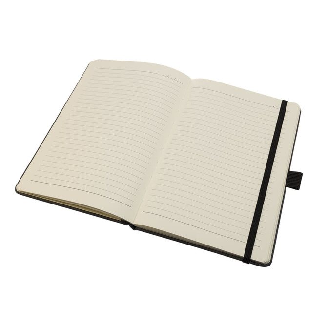 A recycled leather notebook with a hard cover, featuring lined pages and a black elastic band closure.