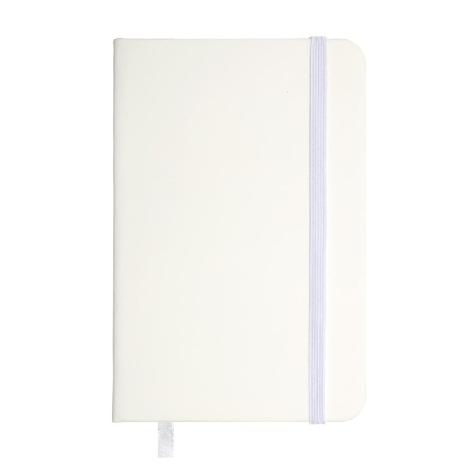 A white pocket notebook with a soft cover, elastic band, and ribbon bookmark. It has a logo on the front.