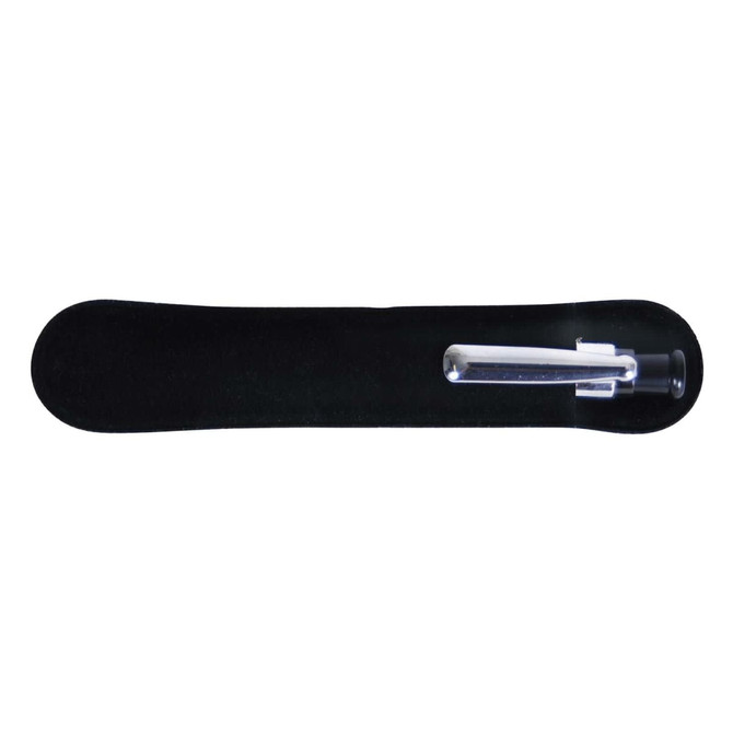 A black and silver plastic pen displayed in a sleek black case. The pen features a simple design.