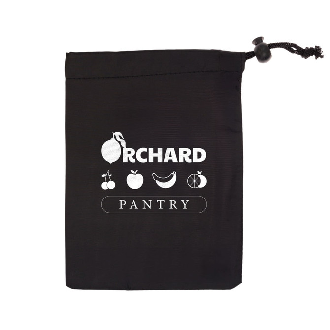 A black drawstring pouch containing harvest produce bags, featuring a logo and various fruit illustrations.