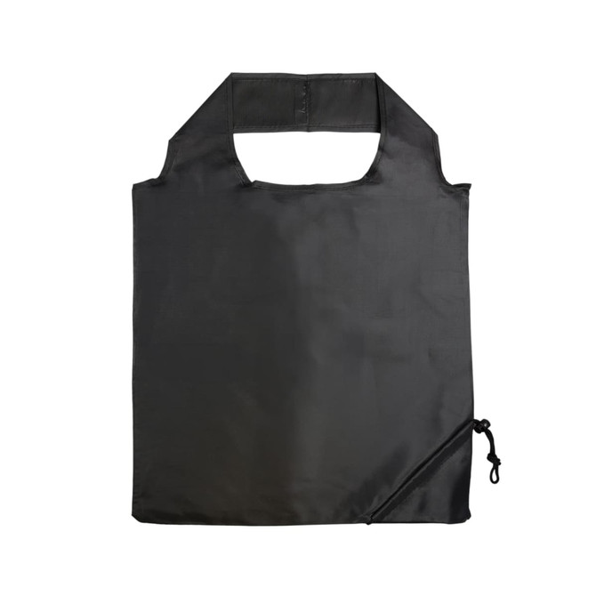 A black reusable grocery bag featuring a foldable design with a convenient drawstring closure.