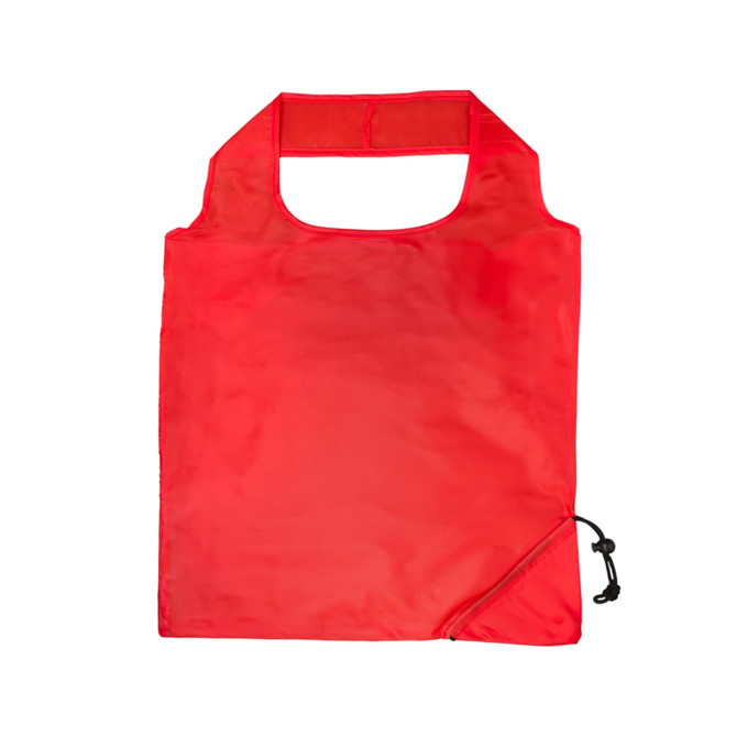 A red Sprint Folding Shopping Bag features a simple design with a cutout handle and a drawstring closure.