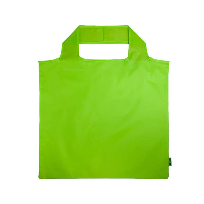 A bright green reusable grocery bag with a distinctive handle design and a logo.