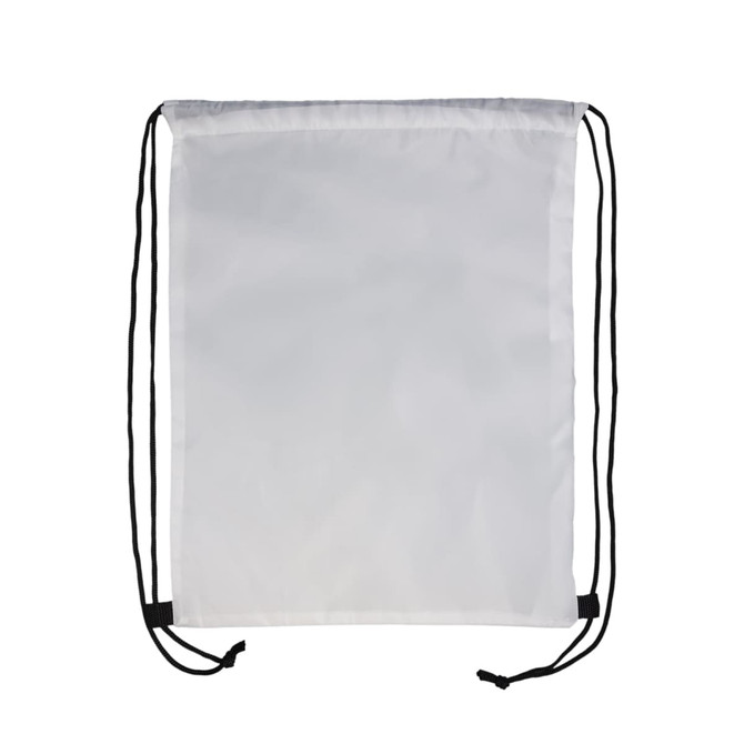 A drawstring backpack in a minimalist design, featuring a plain white fabric body with black drawstring cords.