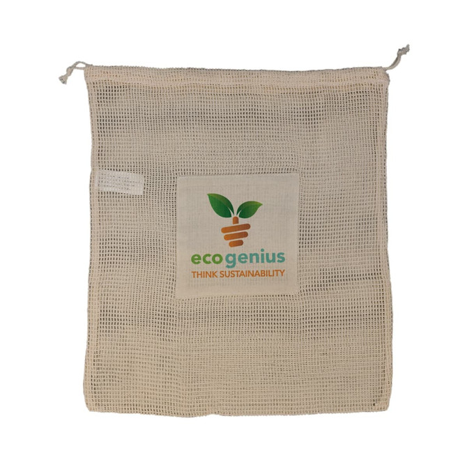 A reusable mesh produce bag in natural color, featuring a logo and a sustainability-themed design.
