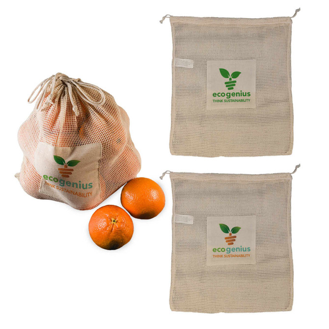 A reusable mesh produce bag in natural color, containing oranges, with logos on the bag. Two additional bags are displayed.