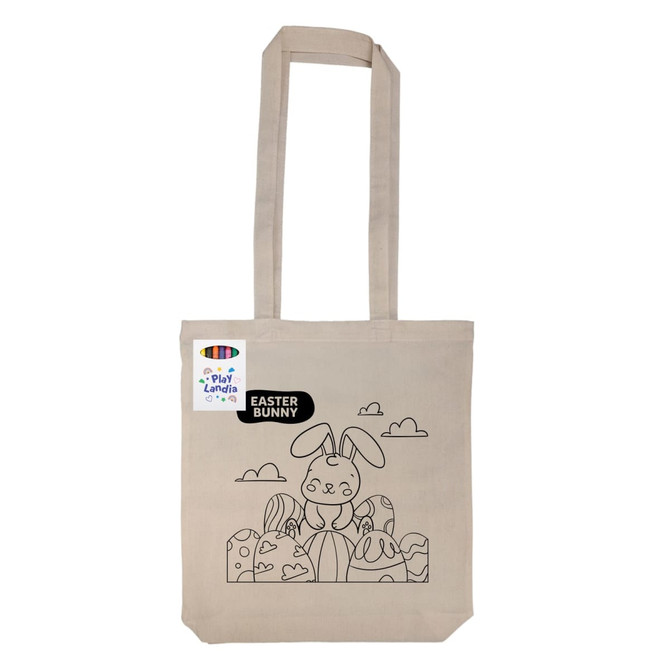 A beige reusable grocery bag featuring a colouring design of an Easter bunny and eggs, with a branding label.