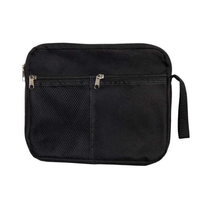 A black utility pouch featuring a zippered closure and mesh pocket on the front, with a handle for easy carrying.