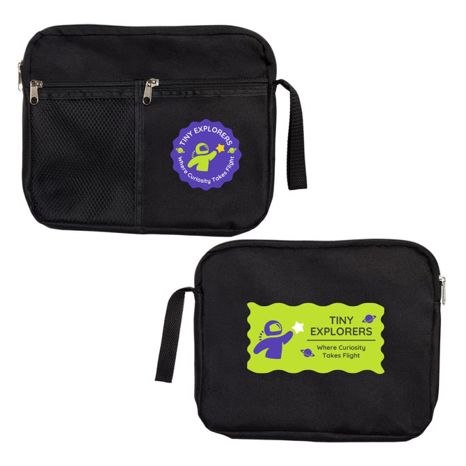 A black utility pouch featuring two pockets and logos in bright colors, one with a green and purple design.