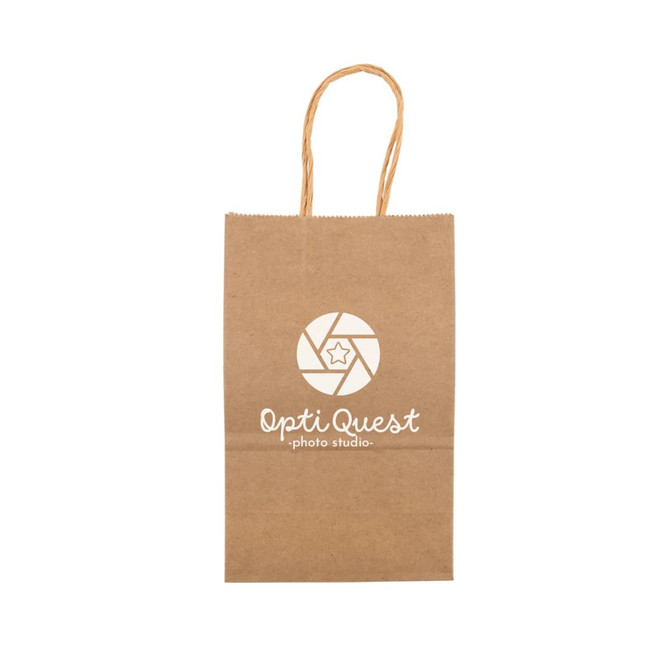 A small brown paper bag with a twisted handle and a circular logo featuring a star.