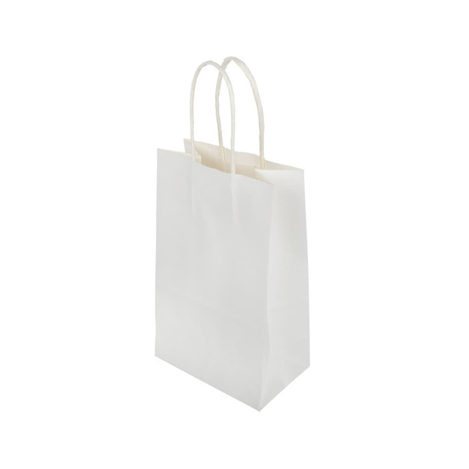 A small white paper bag with twisted handles and a plain design, featuring a branding logo.