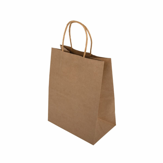 A medium brown paper bag with two handles, featuring a simple design and an open top.