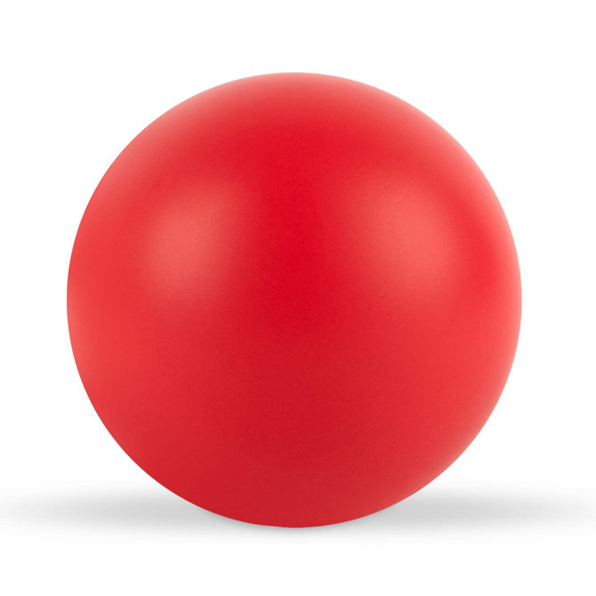 A round red stress ball designed for fun and relaxation.