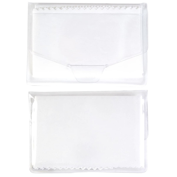 A white microfibre lens cleaning cloth packaged in a clear protective case. The cloth is folded within.