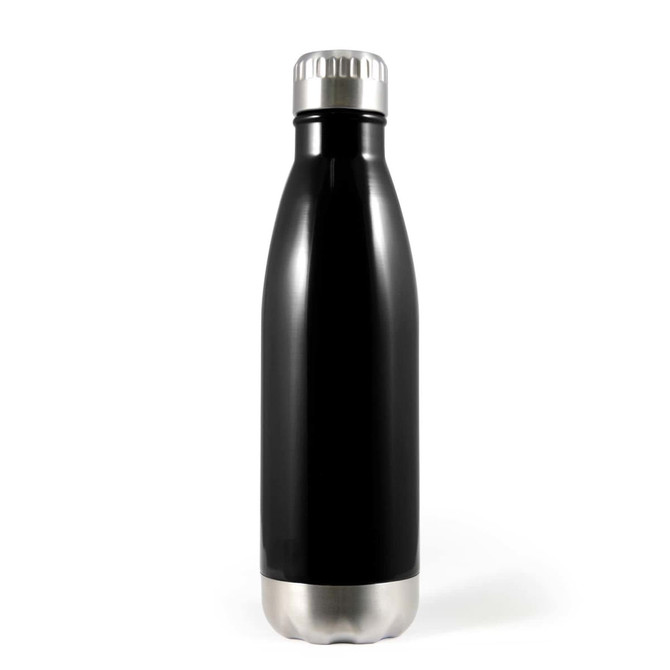 A drink bottle in black with a stainless steel base, featuring a simple, sleek design and a metallic cap.