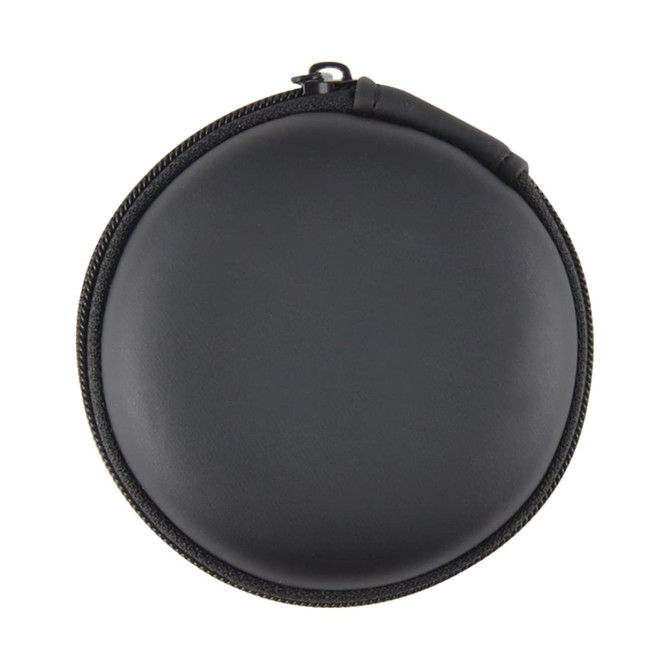 A round black carrying case for earbuds, featuring a zip closure and a sleek design.