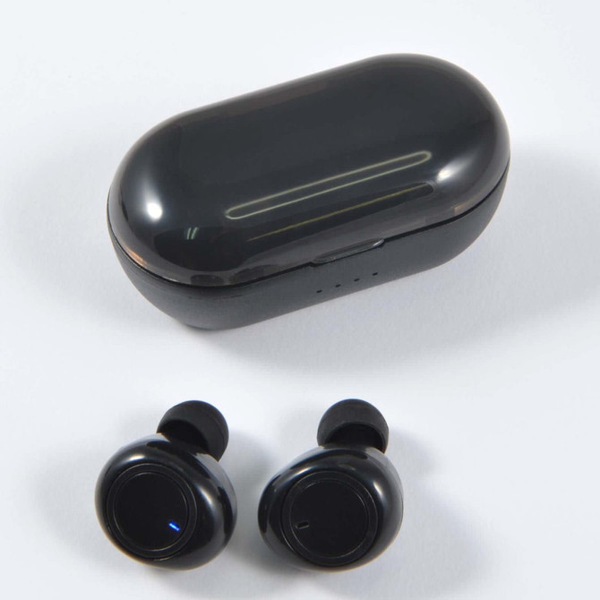 Black Tempest TWS earbuds with a matching charging case, showcasing a sleek and modern design.