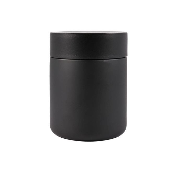 A sleek black food container with a smooth, matte finish and a matching lid.