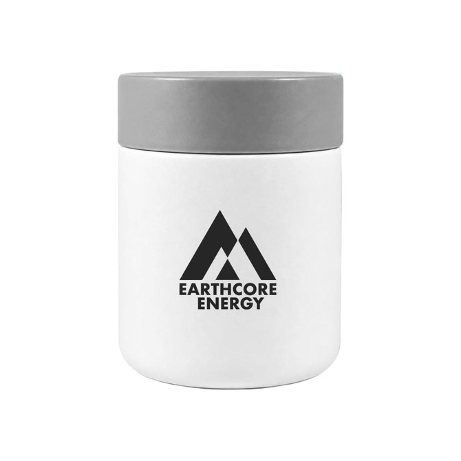 A white food container with a grey lid and a logo featuring a mountain design.