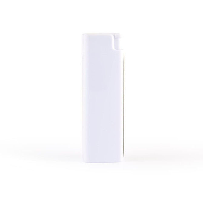 A white rectangular spray bottle for cleaning screens, featuring a sleek design and an attached cleaning cloth.