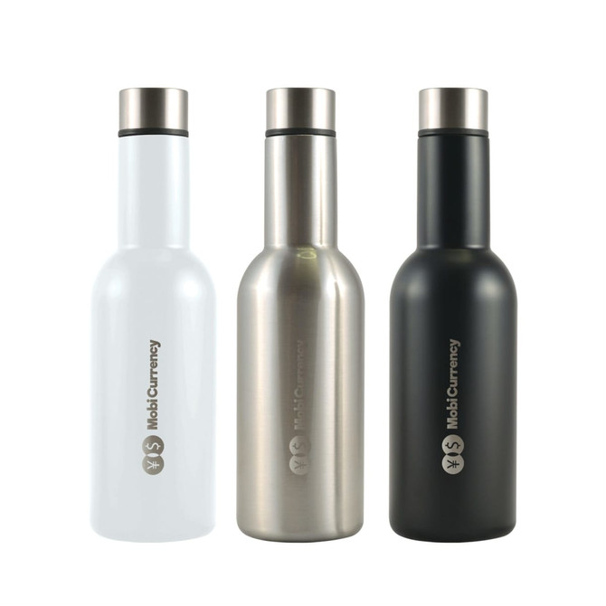 A drink bottle set featuring three vacuum flasks in white, stainless steel, and black, each with a logo.