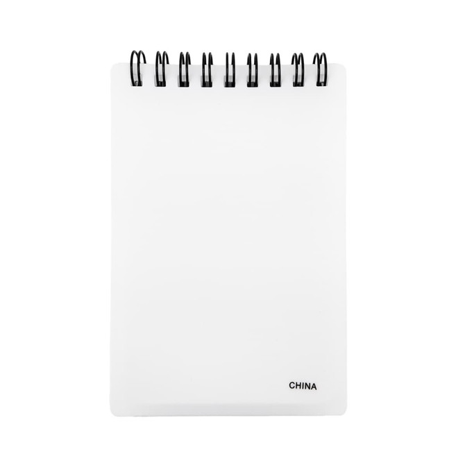 A white notepad with a spiral binding and a black base, featuring a plain cover.