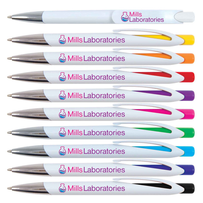 A set of ten plastic pens in various colors, each with a white barrel and a logo.