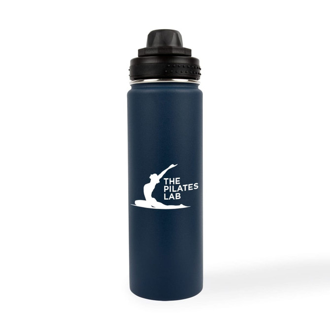A drink bottle in navy blue stainless steel with a black screw top and a logo on the side.