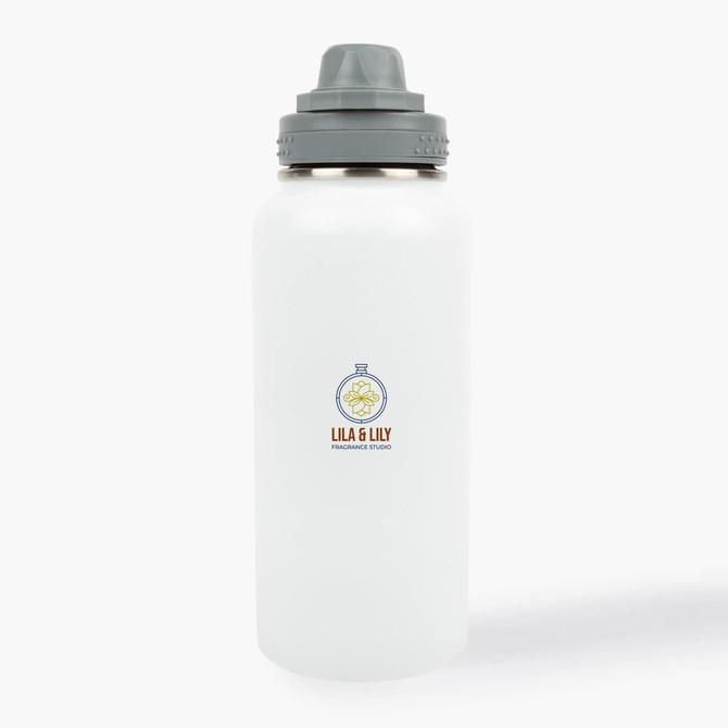 A drink bottle in a frosted white finish with a gray cap, featuring a logo.