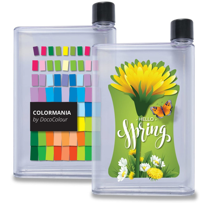 A drink bottle featuring a clear design with a black cap, decorated with colorful patterns and floral graphics.