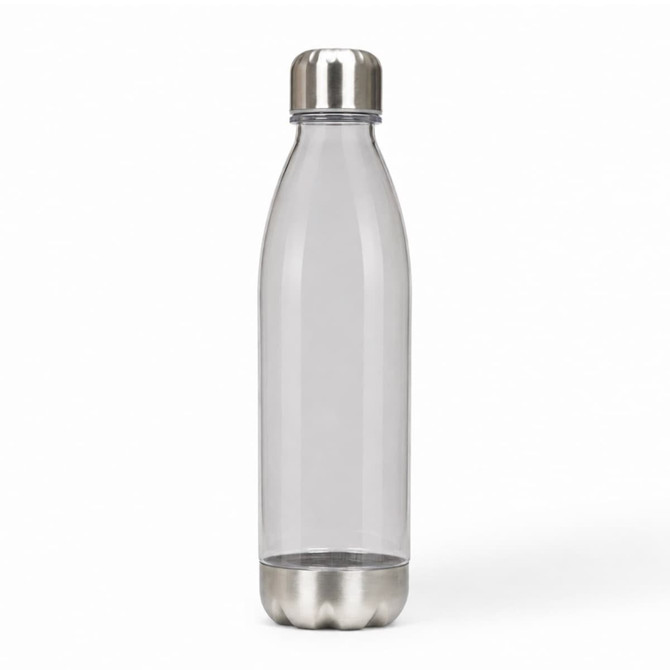 A drink bottle featuring a clear body and stainless steel cap and base, suitable for various beverages.