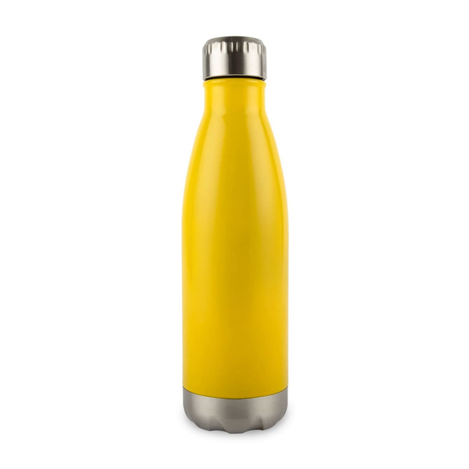 A drink bottle featuring a vibrant yellow exterior and a stainless steel base, designed for durability and style.