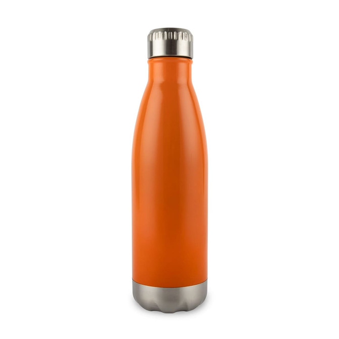A drink bottle in vibrant orange, featuring a stainless steel base and a silver top, with a logo.