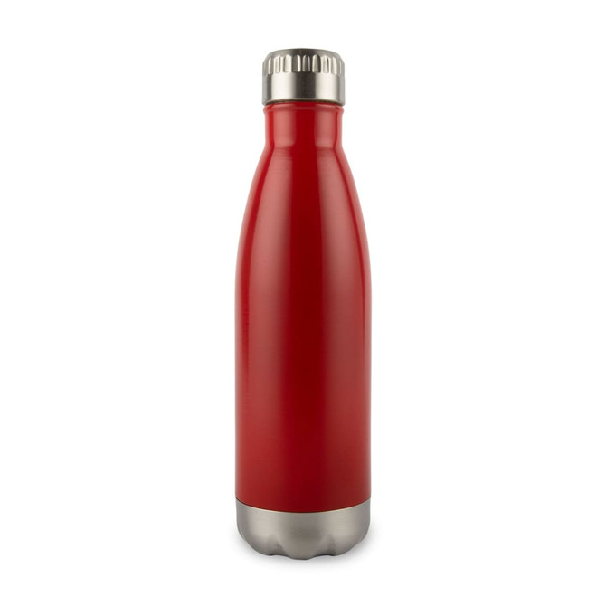 A drink bottle featuring a sleek red stainless steel design with a silver screw-on cap and a rounded base.