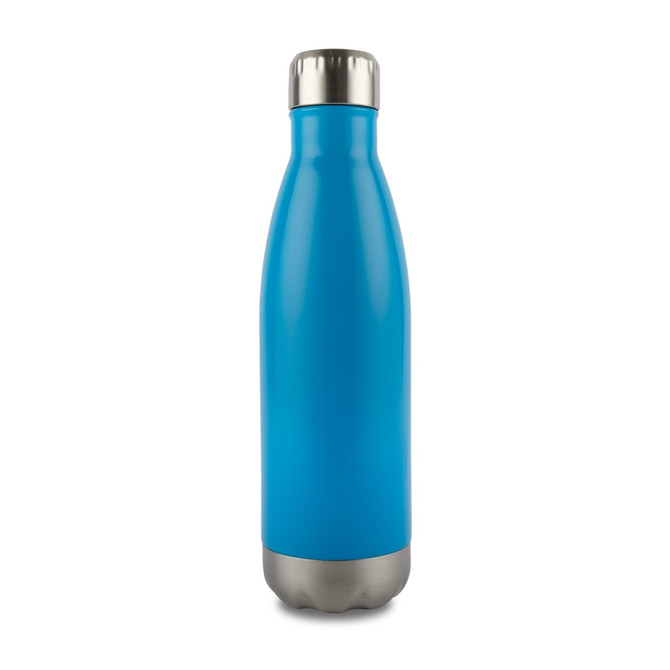 A drink bottle in a vibrant blue colour with a stainless steel base and a screw-on lid. It features a logo.