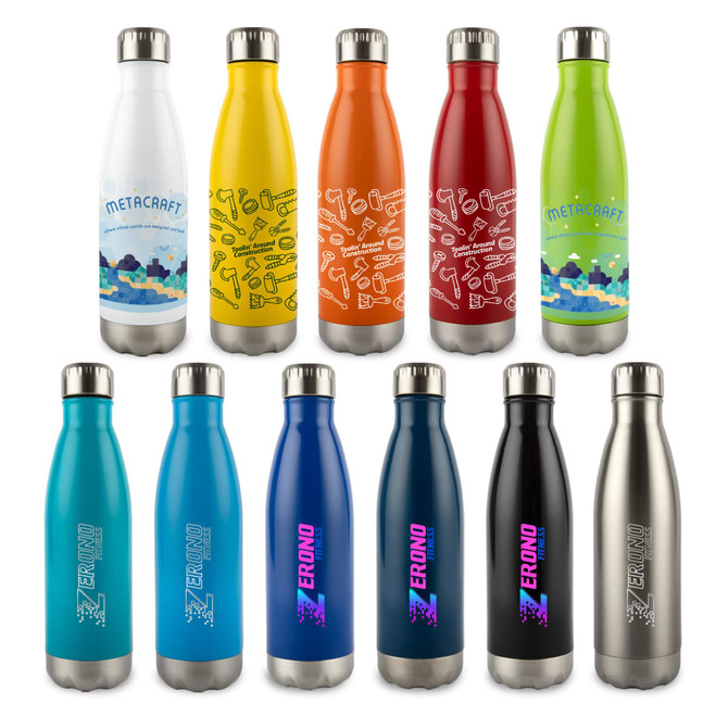 A collection of colorful vacuum bottles in various designs, including red, blue, yellow, and stainless steel. Each has a logo.